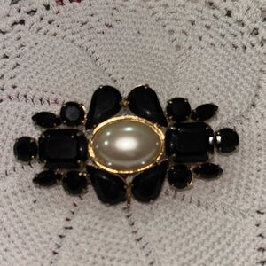 Black and Gold Brooch with Pearl Accent